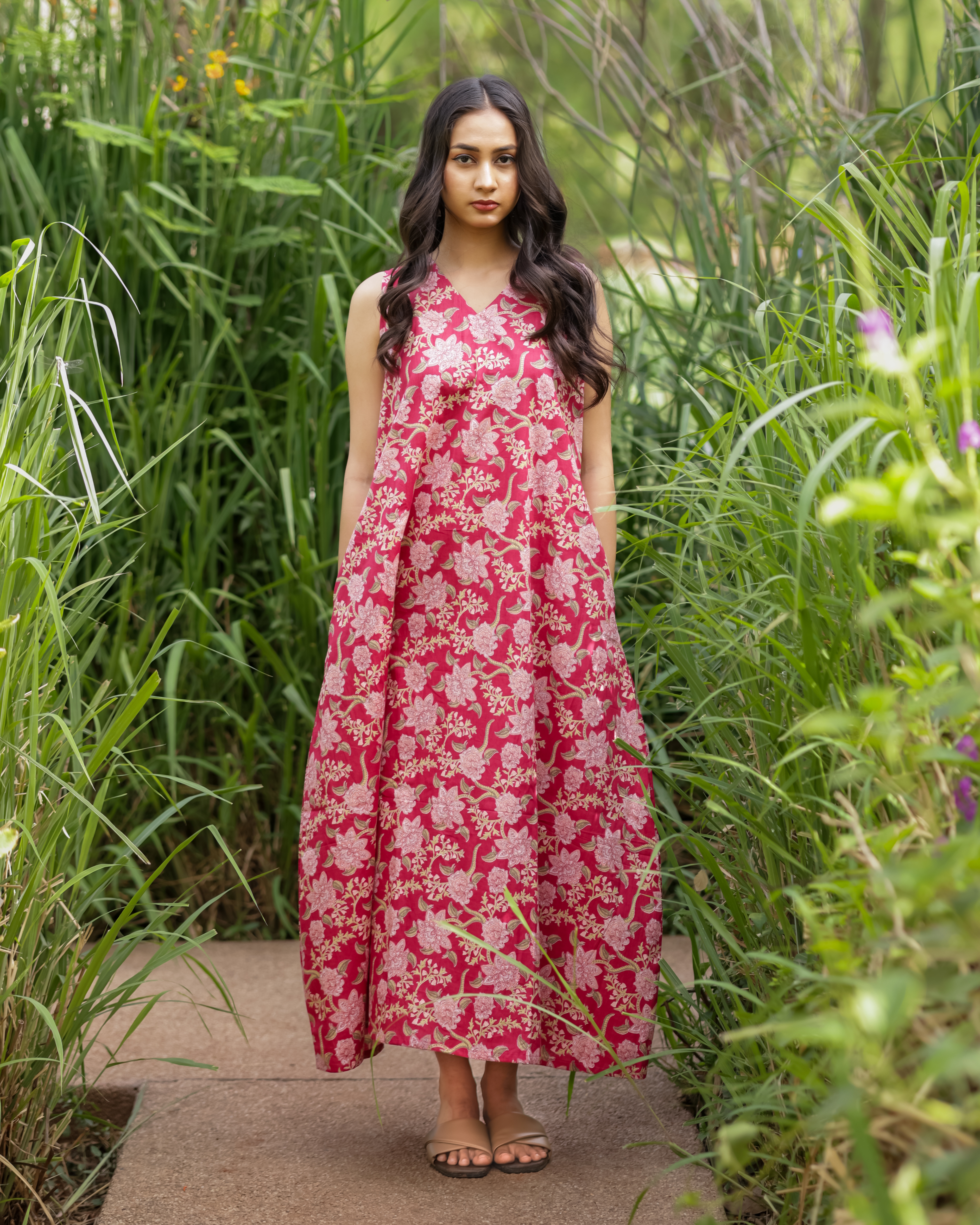 Pink Floral Printed A-Line Maxi Dress