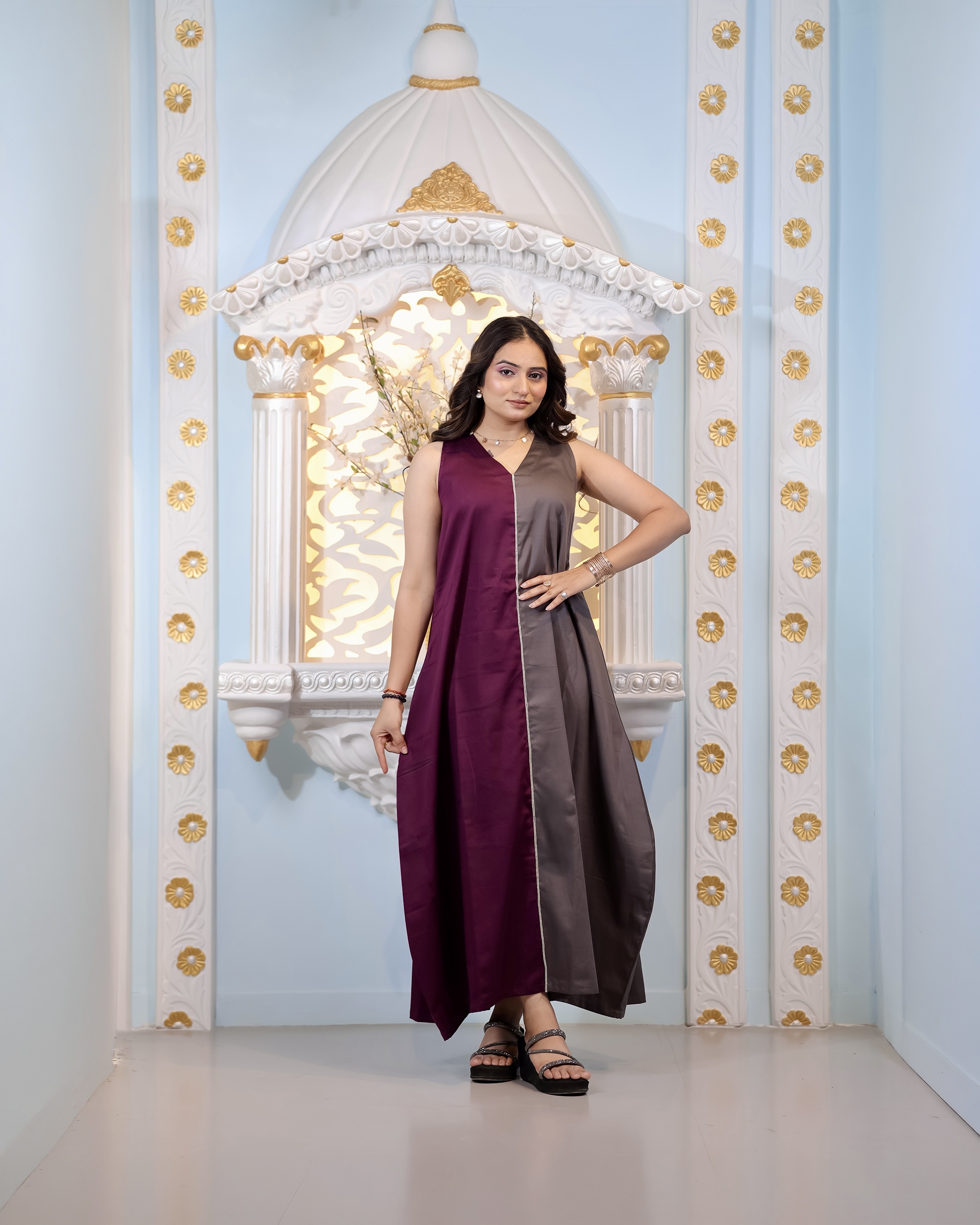 Elegant Two Tone Sleeveless Long Kurti Dress | Fusion Ethnic Wear💜🩶
