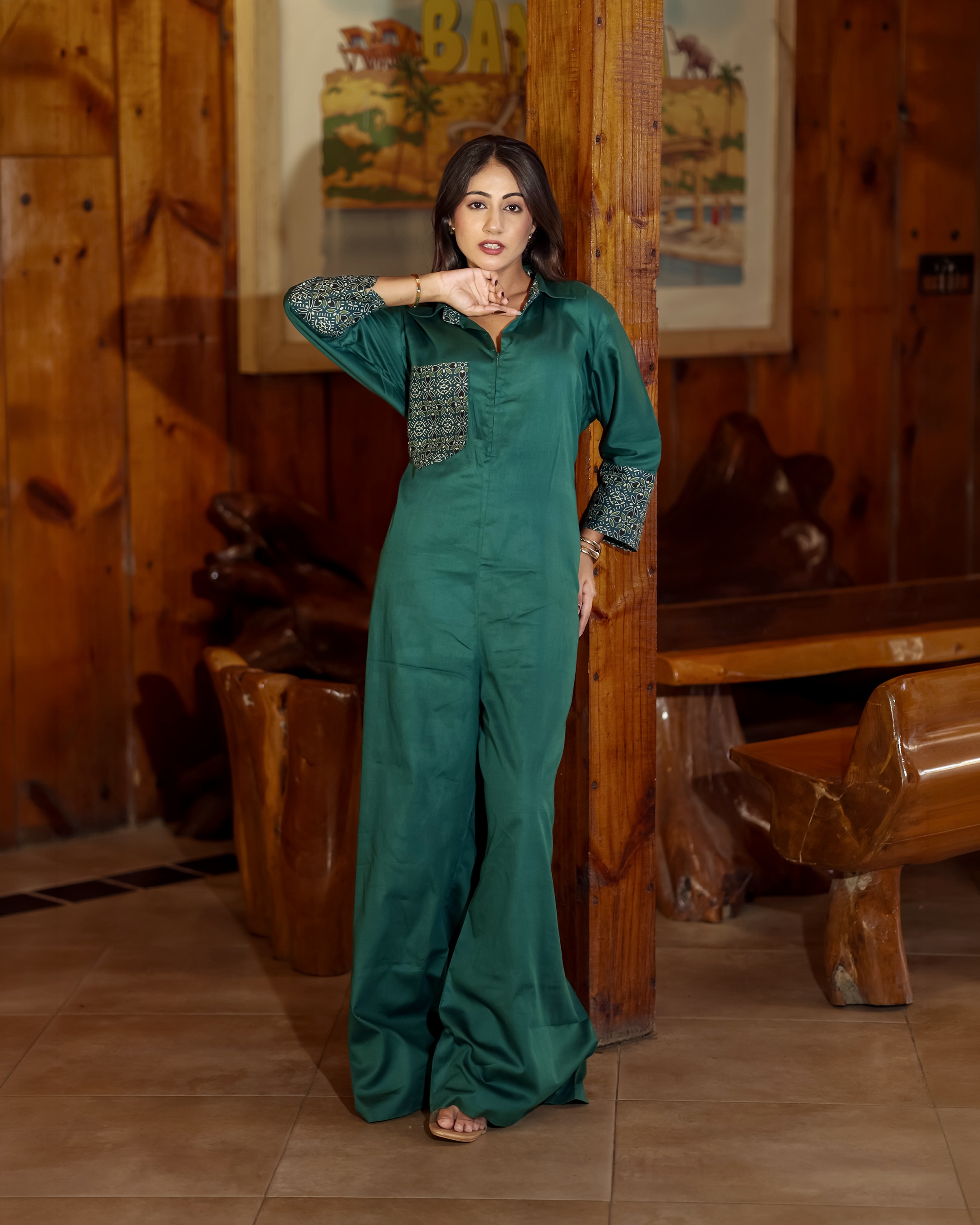 Green Solid Jumpsuit with Printed Detail