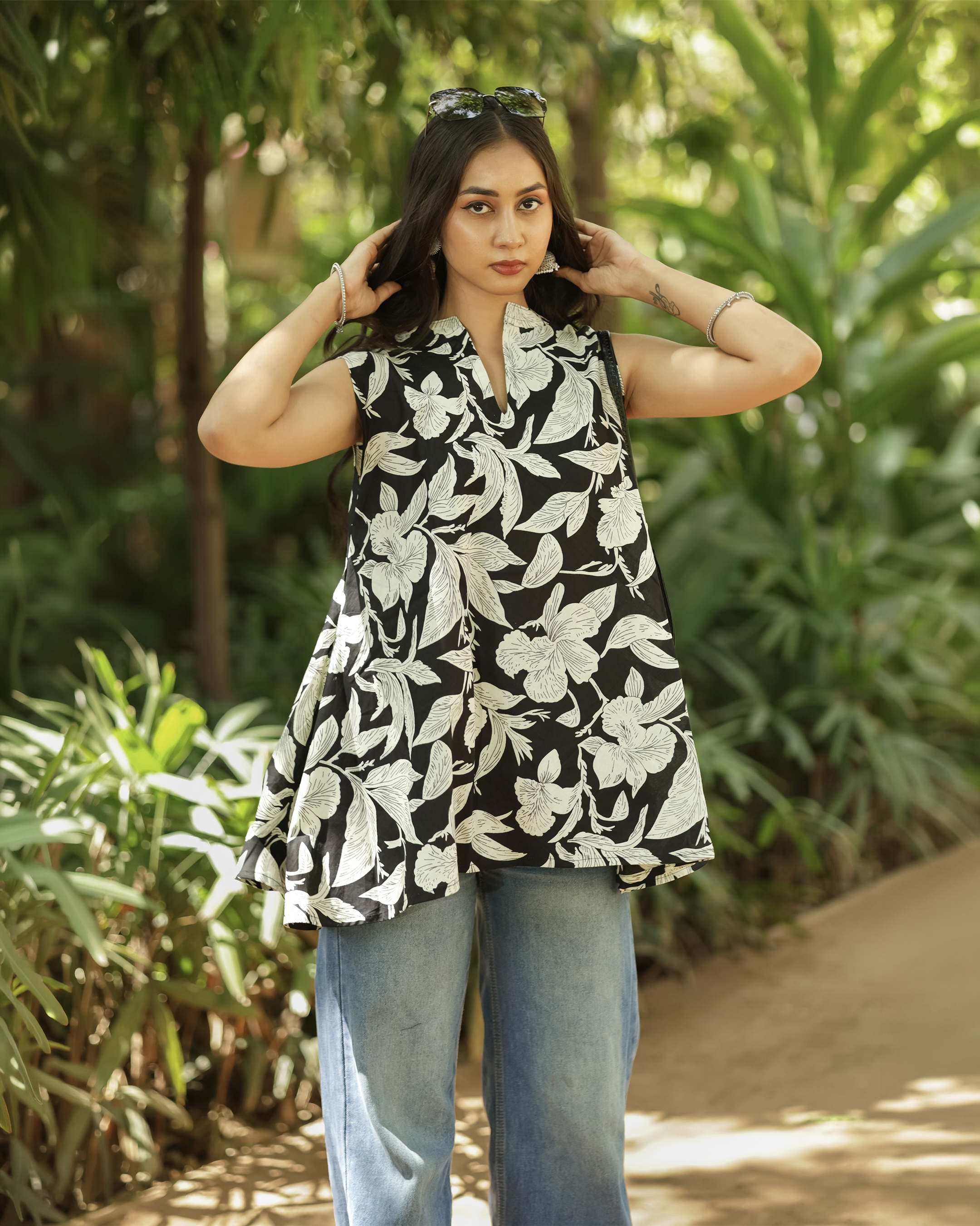 Black & White Floral Sleeveless A-Line Top