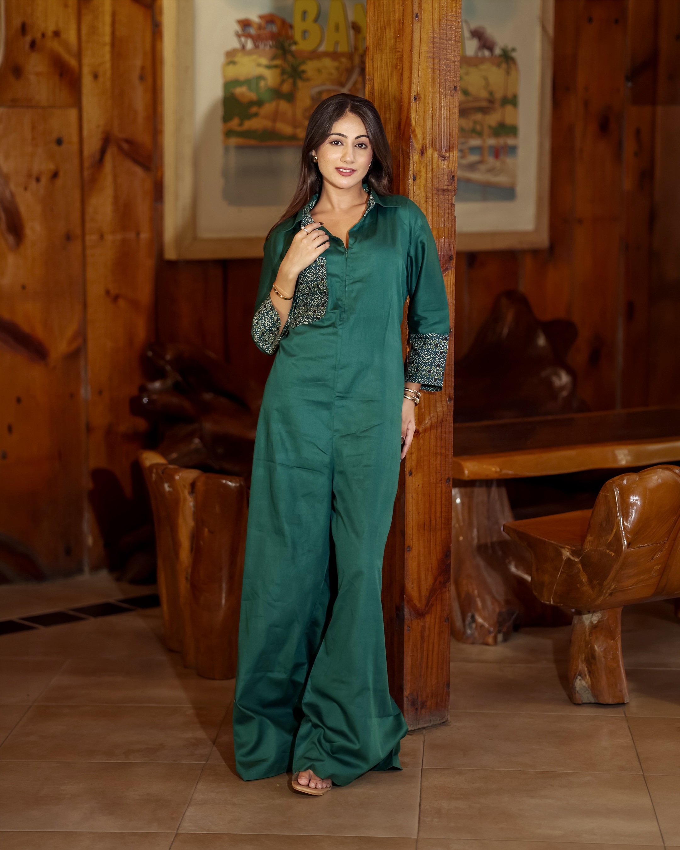 Green Solid Jumpsuit with Printed Detail
