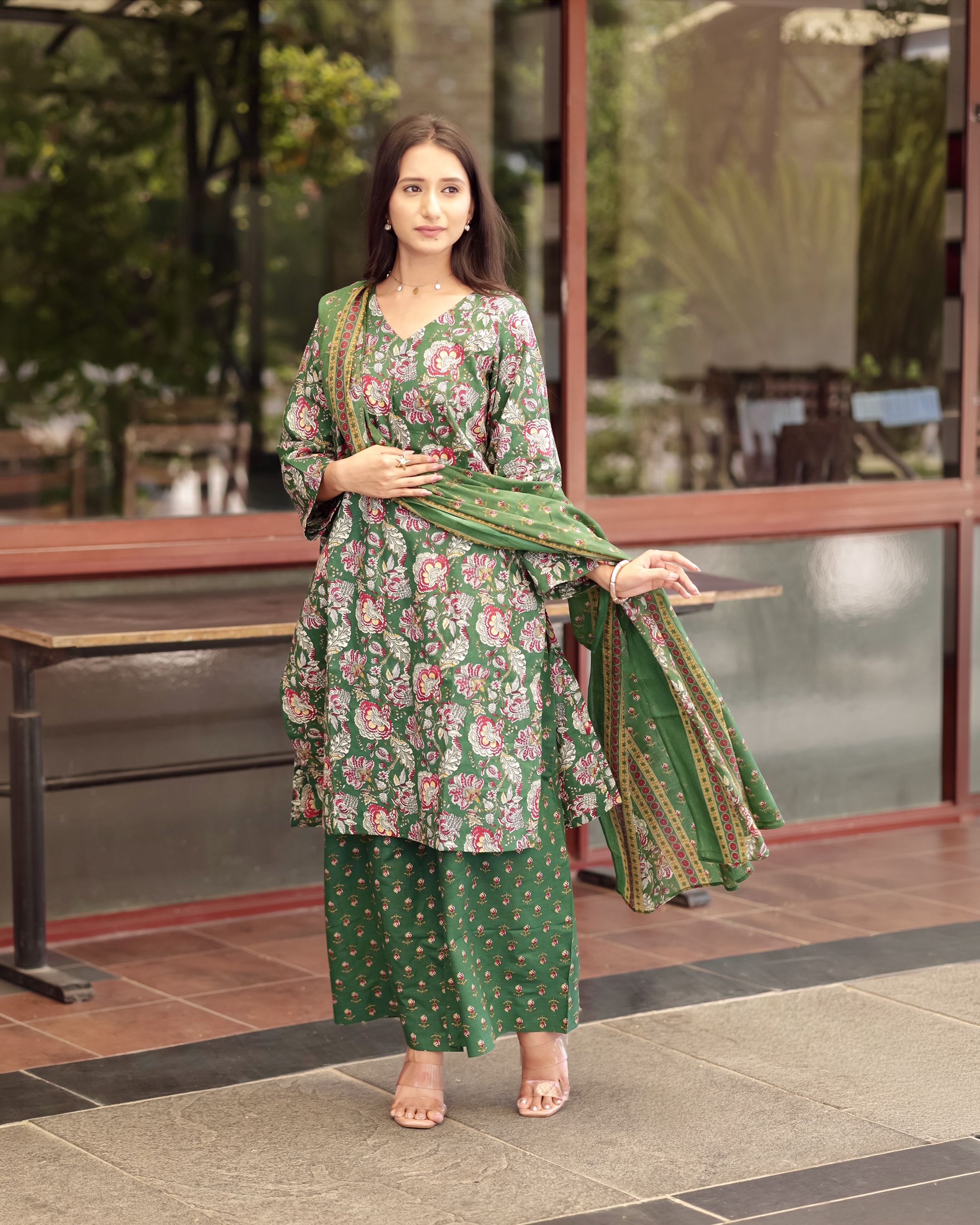 Green Floral Printed Kurti Set with Dupatta💚
