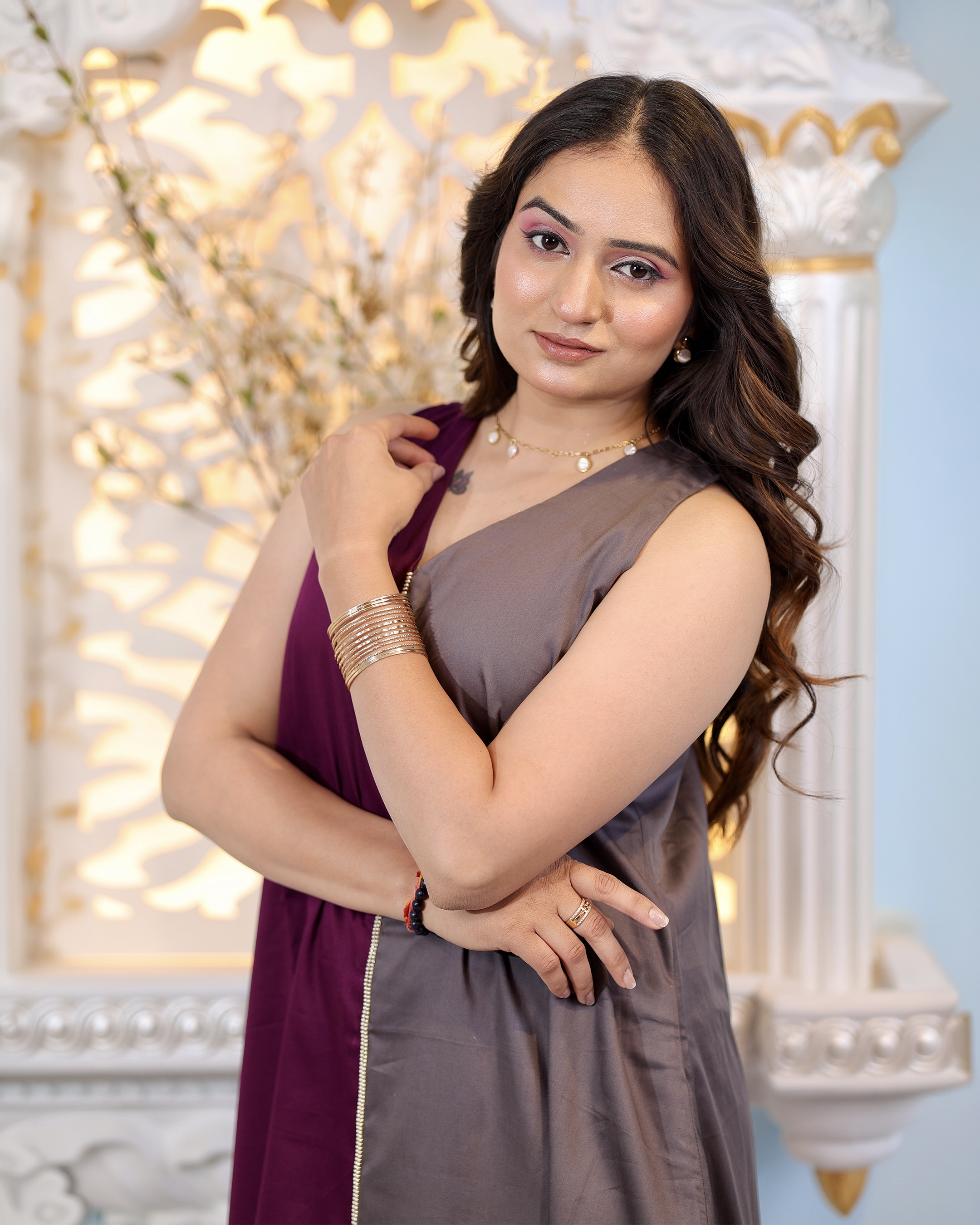 Elegant Two Tone Sleeveless Long Kurti Dress | Fusion Ethnic Wear💜🩶 thumbnail 3