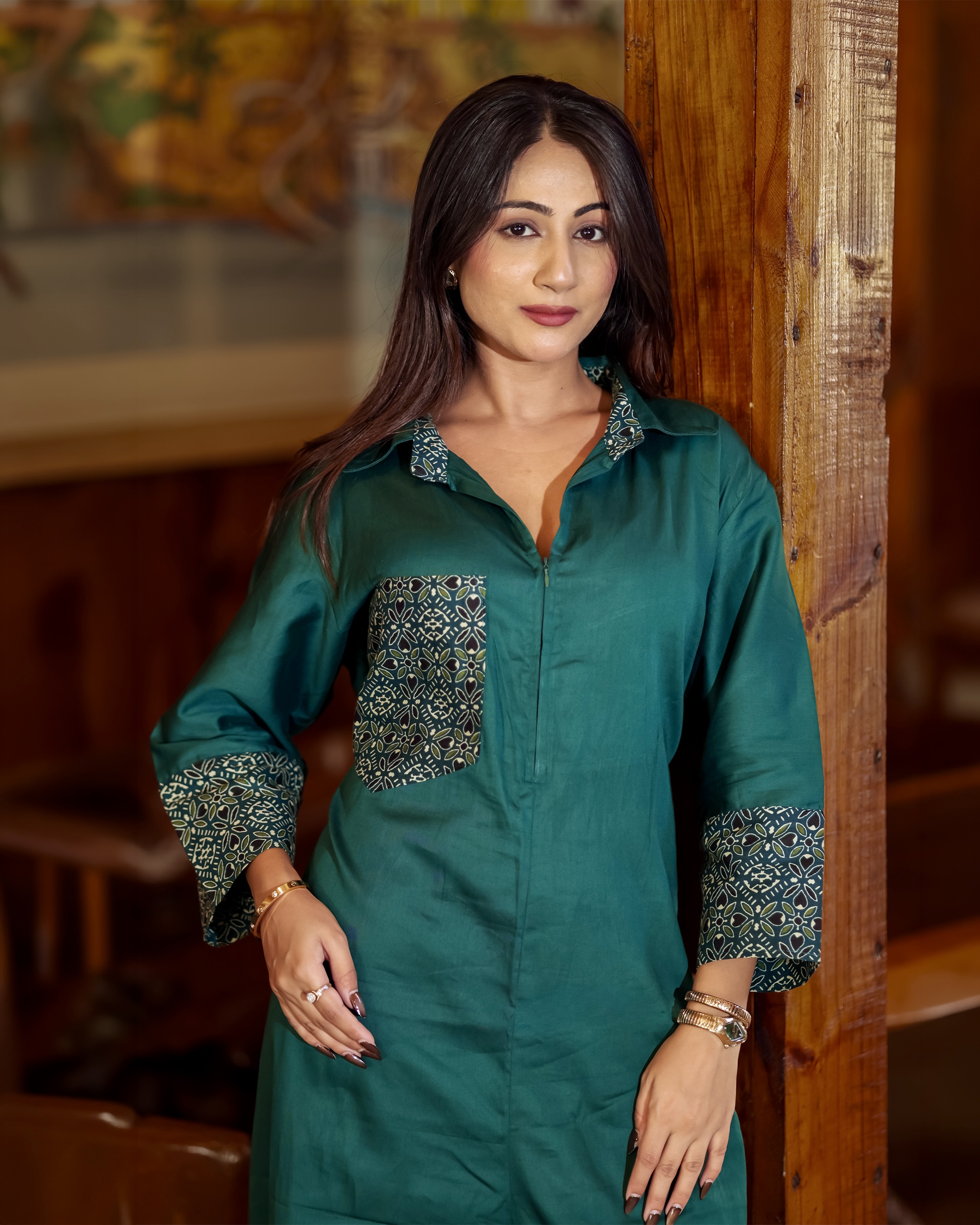 Green Solid Jumpsuit with Printed Detail thumbnail 4