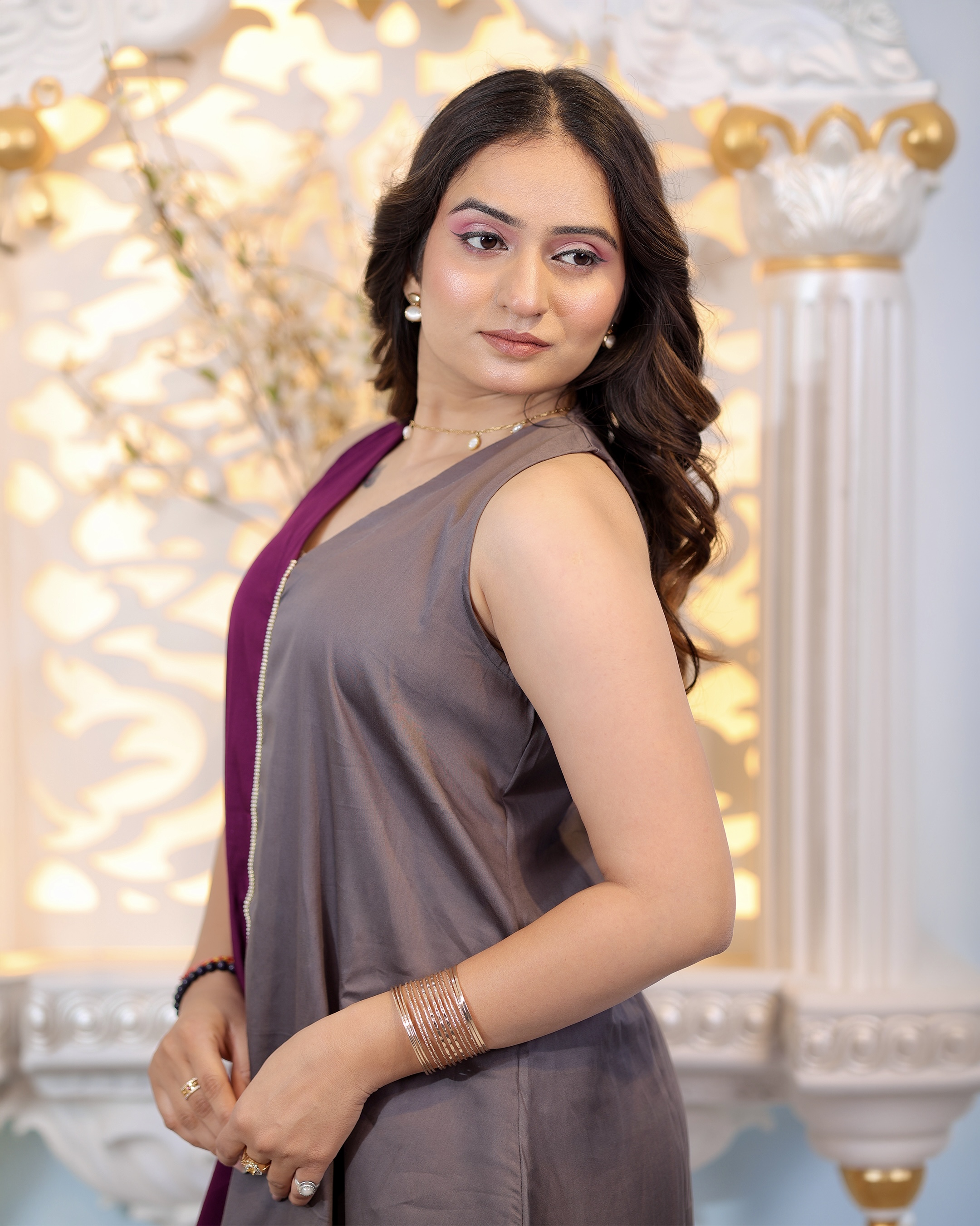 Elegant Two Tone Sleeveless Long Kurti Dress | Fusion Ethnic Wear💜🩶 thumbnail 4
